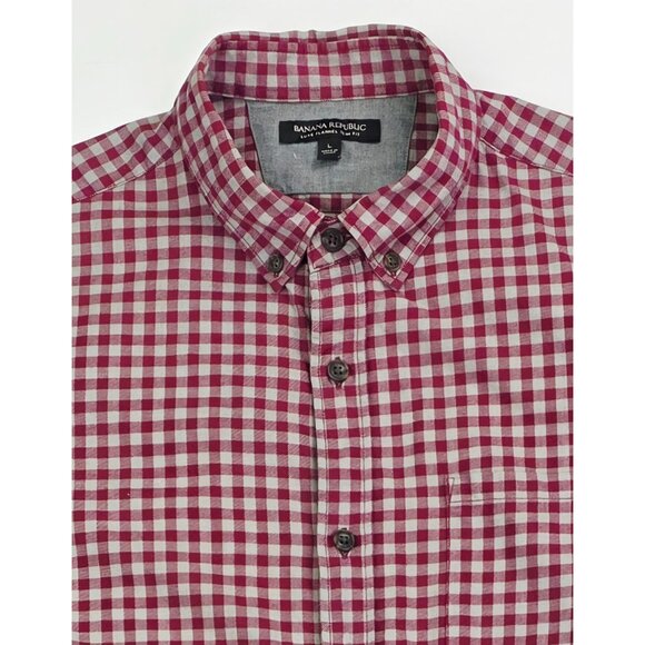 Banana Republic Slim Fit Luxe Flannel Size Large Mens Burgundy Gray Check Shirt - Picture 1 of 9